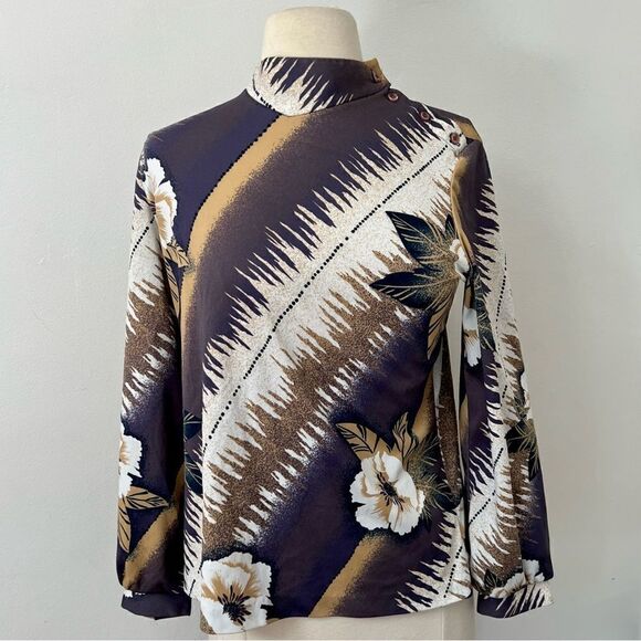 Vintage 1970s Mock Side Button Neck Tropical Hawaiian Blouse - Picture 1 of 11
